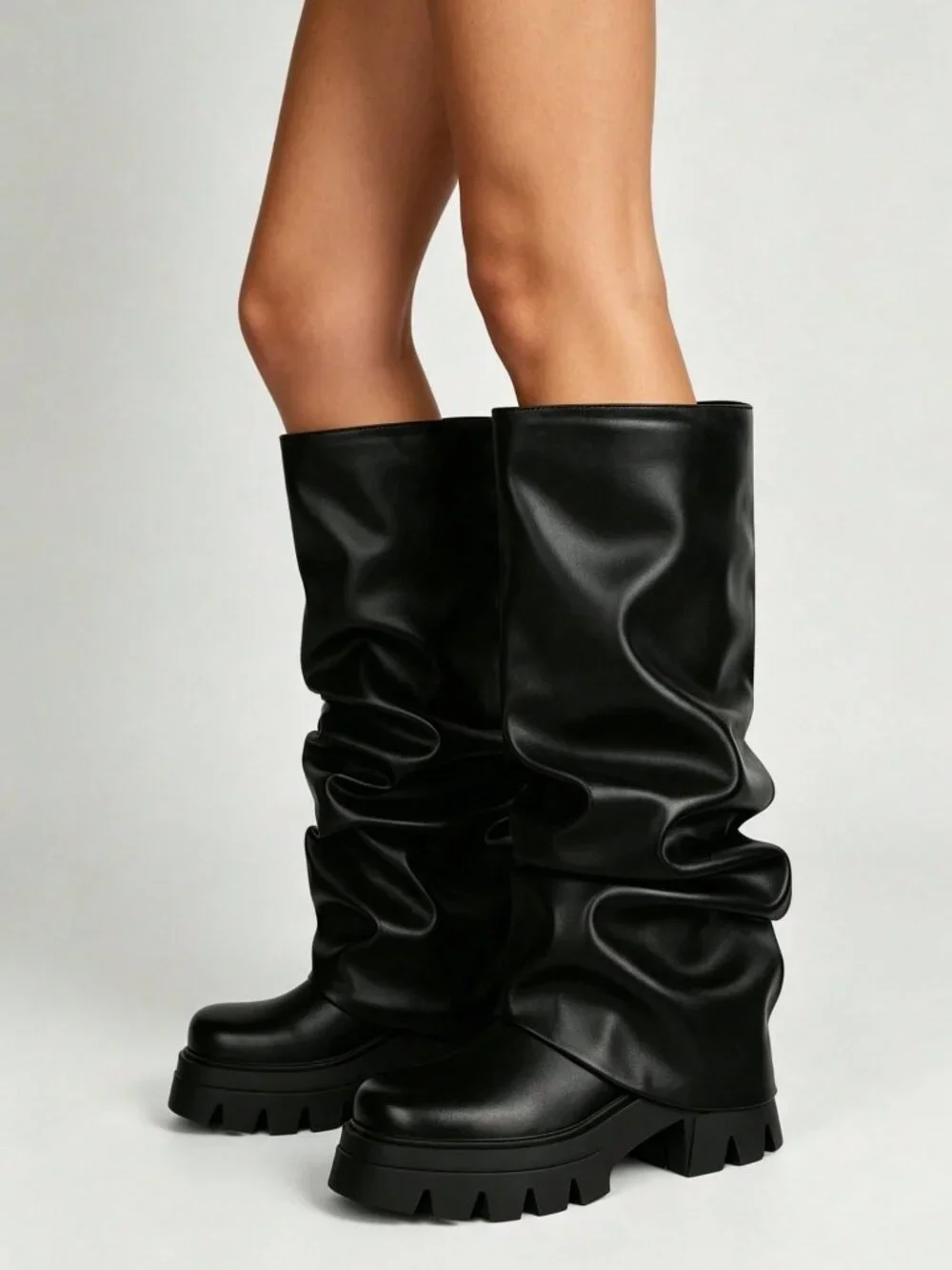 Black Y2K Women's Slip On Platform Slouchy Boots